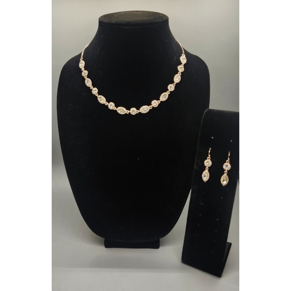 Rose Gold Tone Rhinestone Necklace & Dangle Earrings Set Sparkle